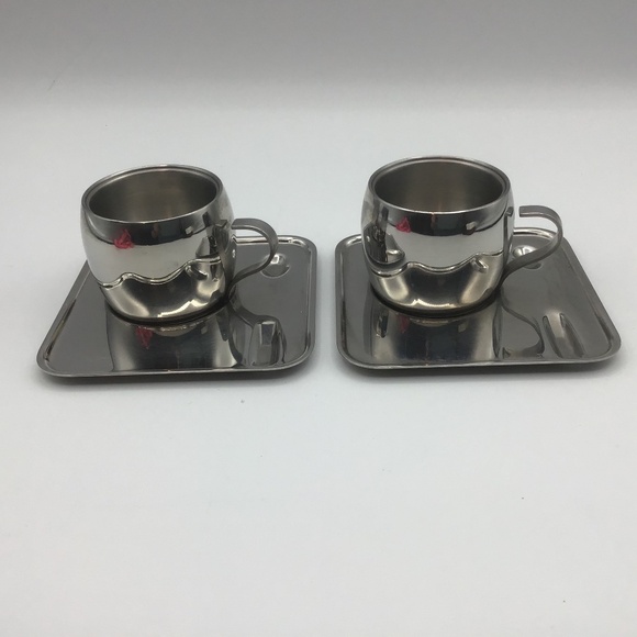 Set of 2 Vintage Tramontina Espresso Cups & Saucers 18/8 Stainless markd Brazil - Picture 1 of 9